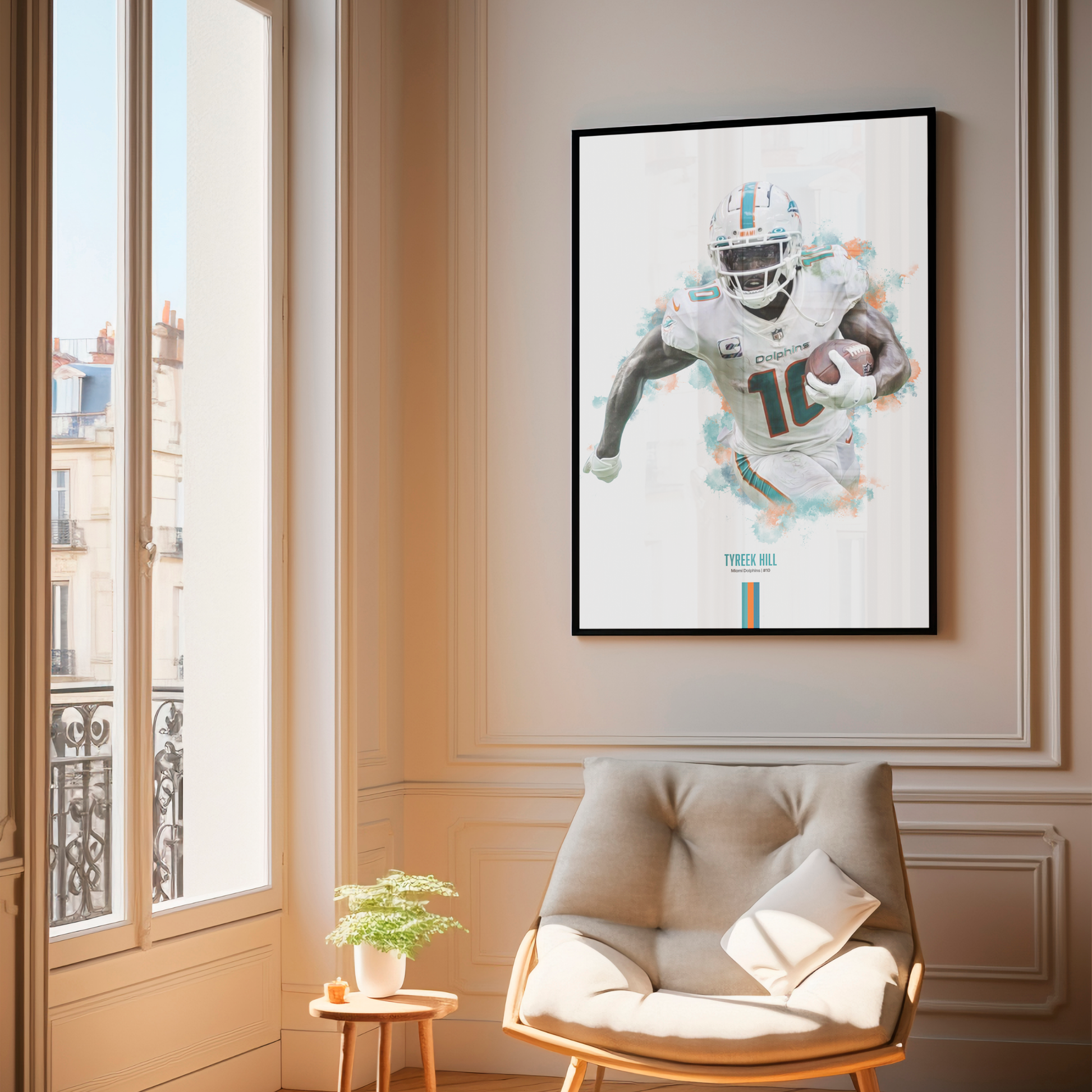 framed poster mockup of football player tyreek hill hanging in a living room