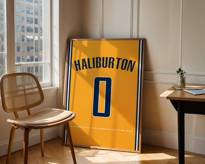 Yellow sports jersey with 'HALIBURTON' and number '0' displayed in a room with a chair and table.