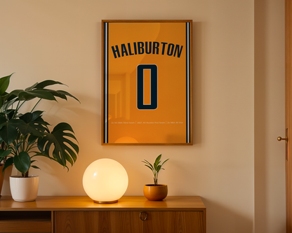 Framed jersey with 'HALIBURTON' and number '0' on a wall above a wooden cabinet with decorative items.
