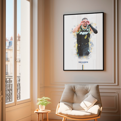 framed poster mockup of basketball player tyrese haliburton hanging in a living room