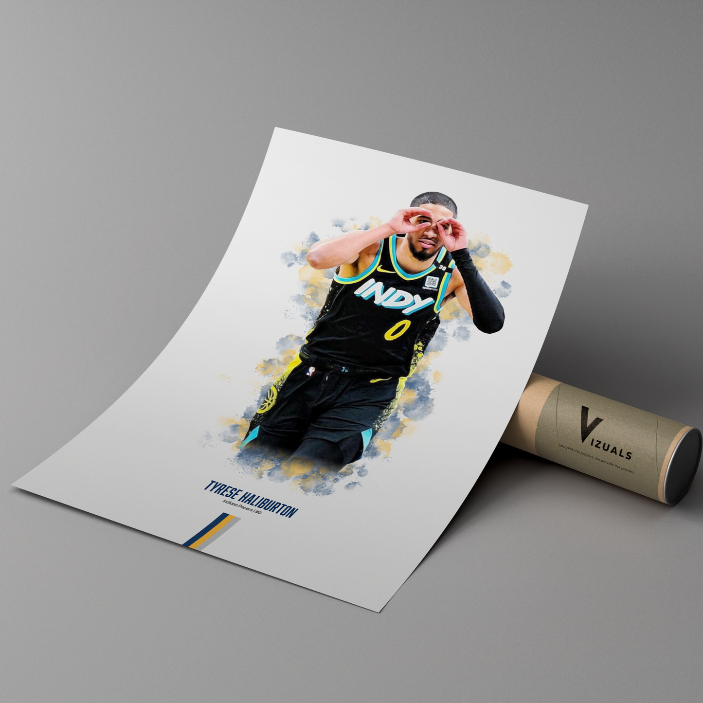 poster mockup of basketball player tyrese haliburton leaning on a cardboard tube