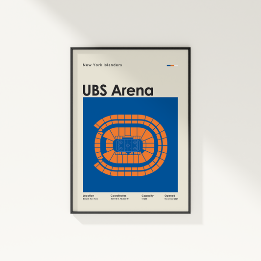 Framed poster of UBS Arena with New York Islanders branding on a white wall.