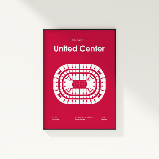 Framed poster of the United Center layout on a red background