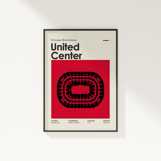 Framed poster of the United Center layout with Chicago Blackhawks text on a white wall.