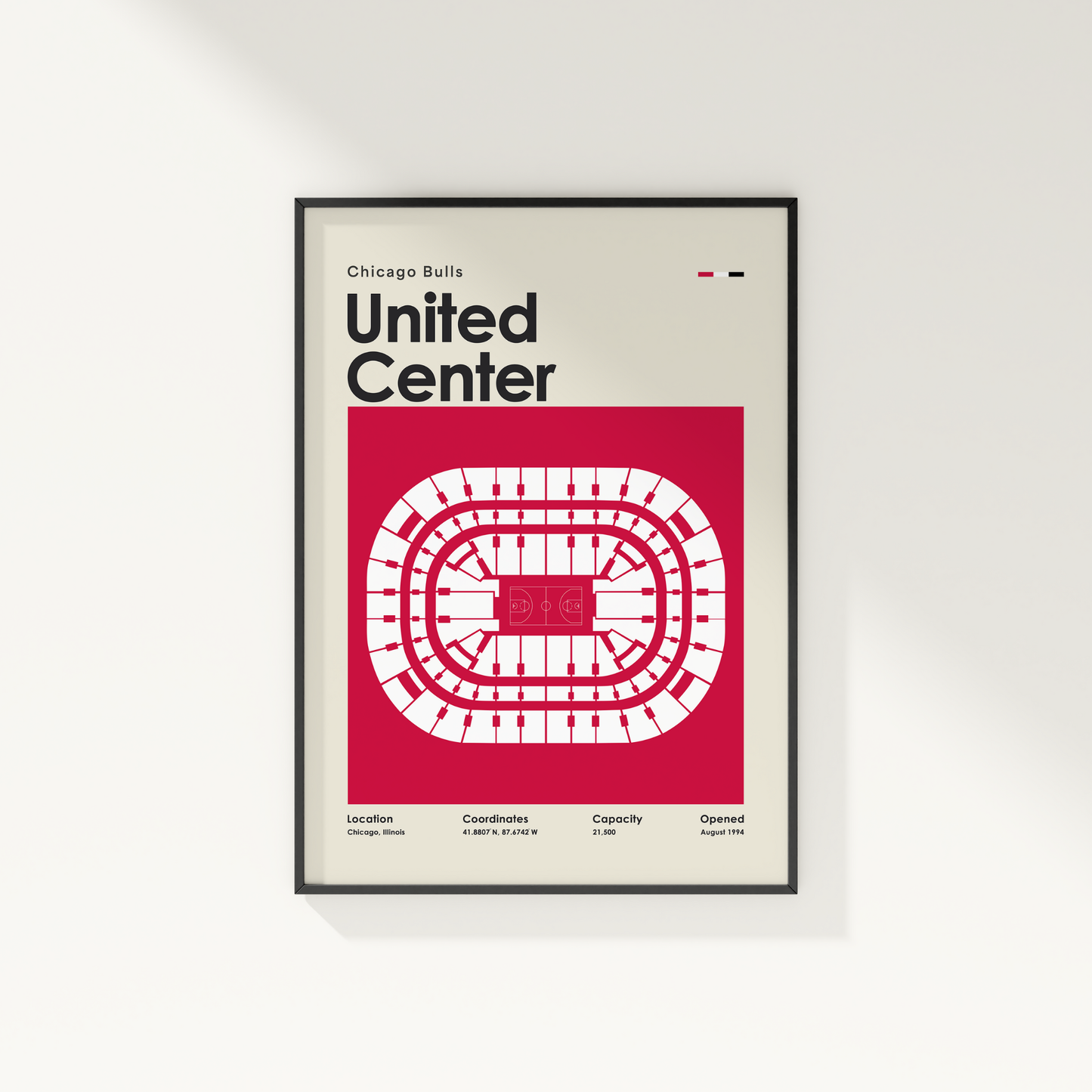 Framed poster of the United Center layout with Chicago Bulls text on a white background