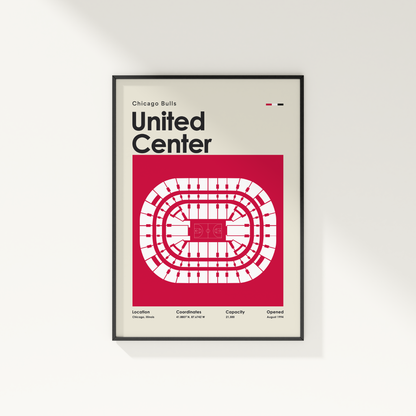 Framed poster of the United Center layout with Chicago Bulls text on a white background