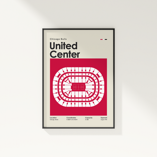 Framed poster of the United Center layout with Chicago Bulls text on a white background