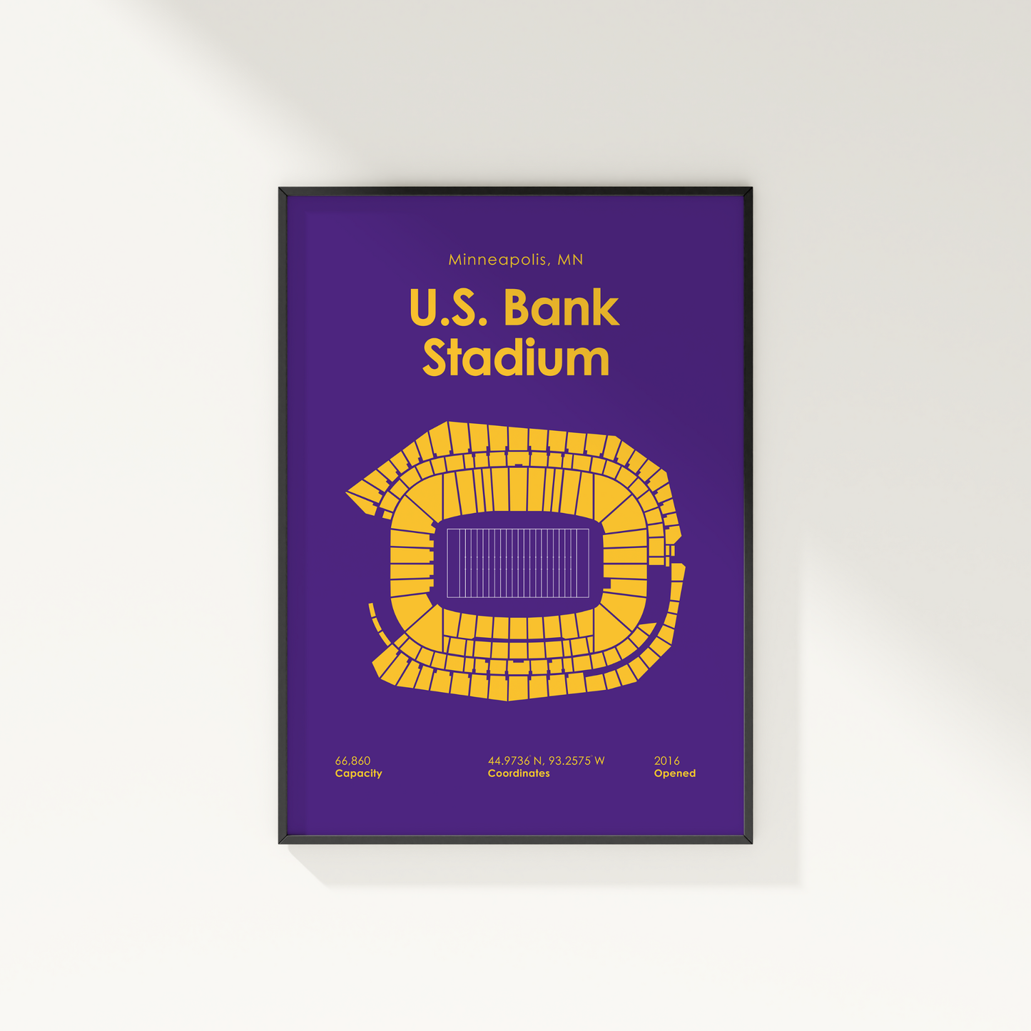 Framed poster of U.S. Bank Stadium layout on a purple background