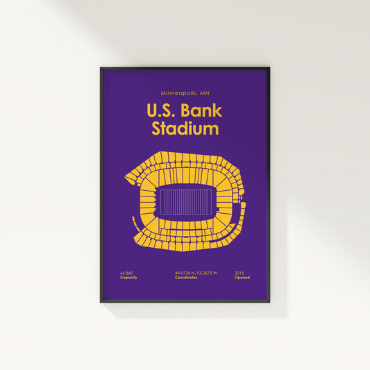 Framed poster of U.S. Bank Stadium layout on a purple background