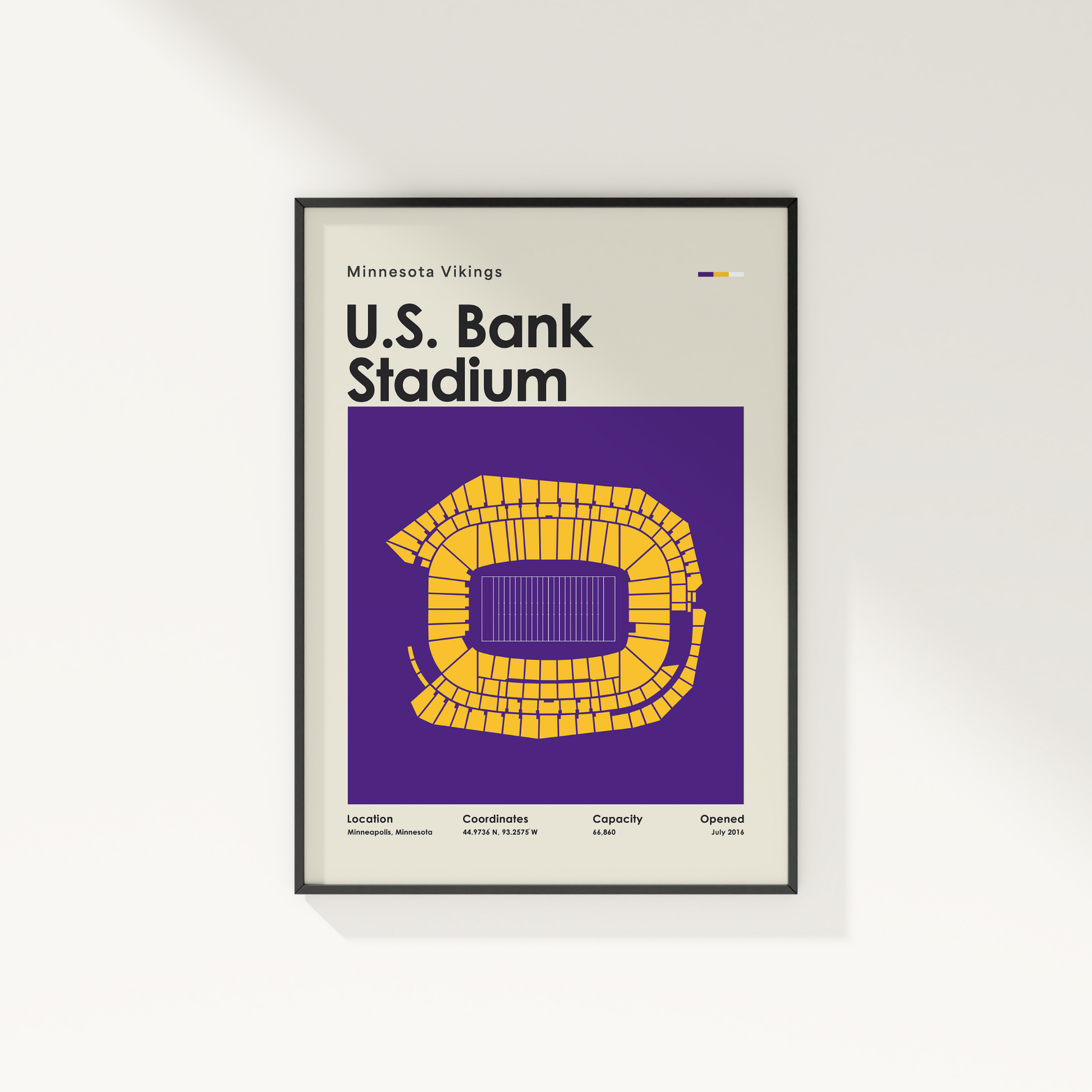 Framed poster of U.S. Bank Stadium with Minnesota Vikings text on a white wall.