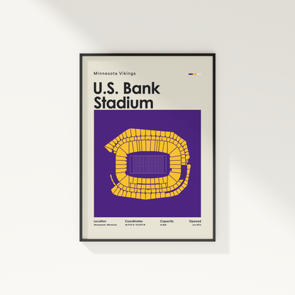 Framed poster of U.S. Bank Stadium with Minnesota Vikings text on a white wall.