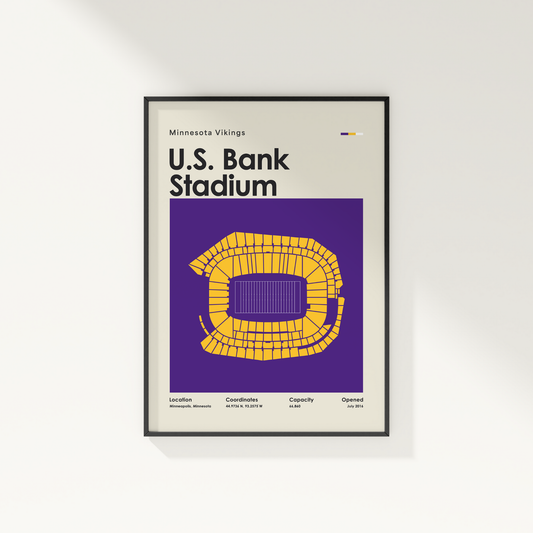 Framed poster of U.S. Bank Stadium with Minnesota Vikings text on a white wall.