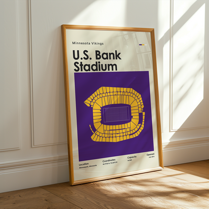 Framed poster of U.S. Bank Stadium with Minnesota Vikings branding on a wall.