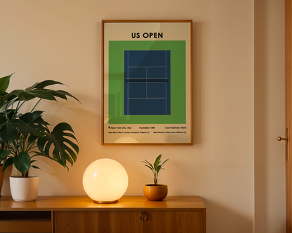 Framed US Open tennis court poster on a wall above a wooden cabinet with decorative items.