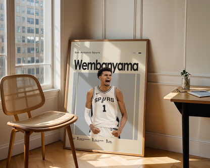 Framed sports poster of a basketball player in a room with a chair and table.