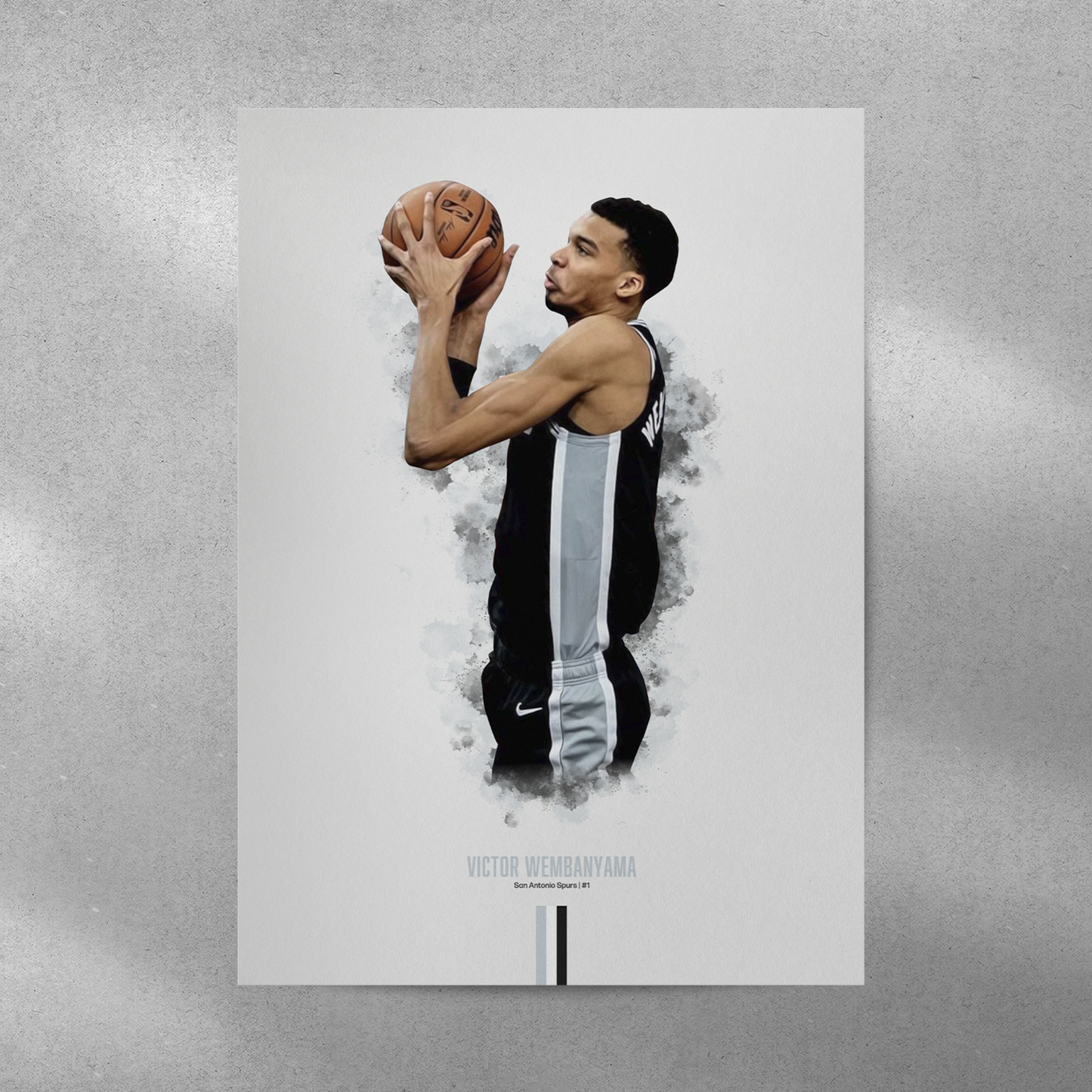 poster mockup of basketball player victor wembanyama on a grey wall