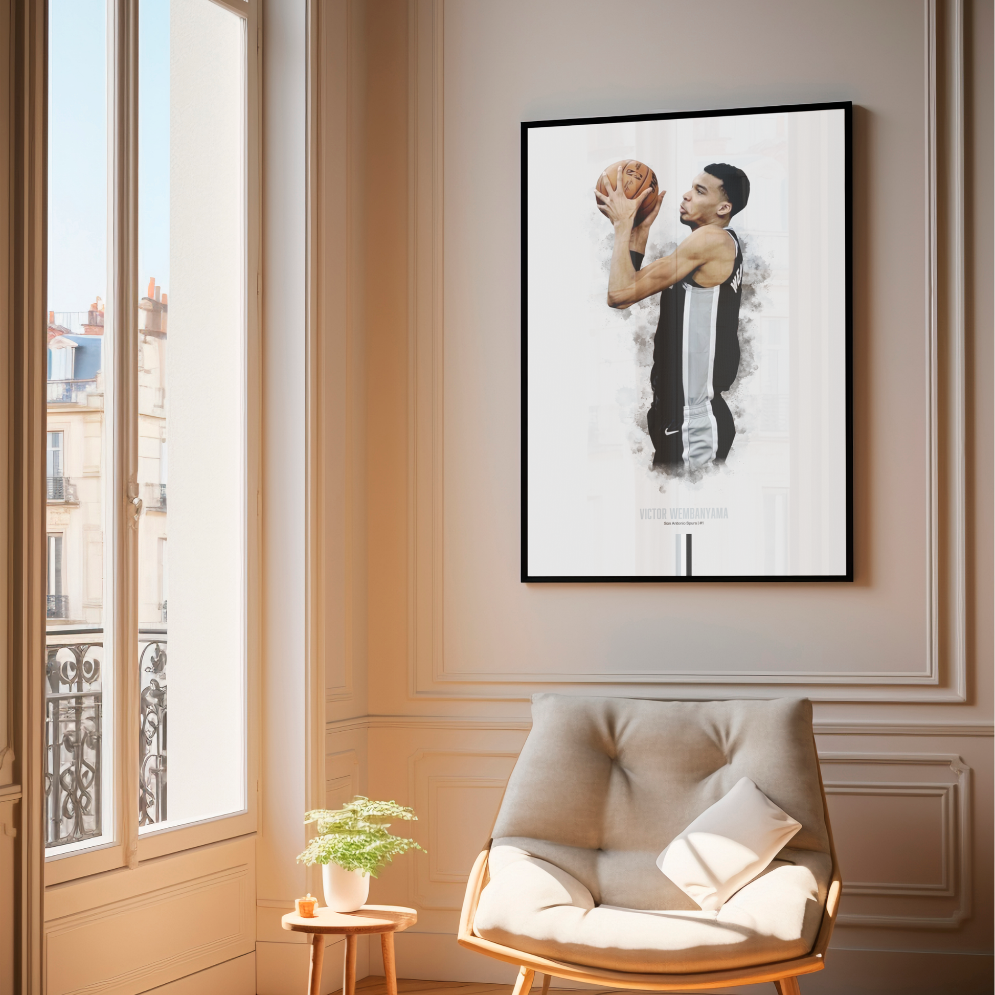 framed poster mockup of basketball player victor wembanyama hanging in a living room