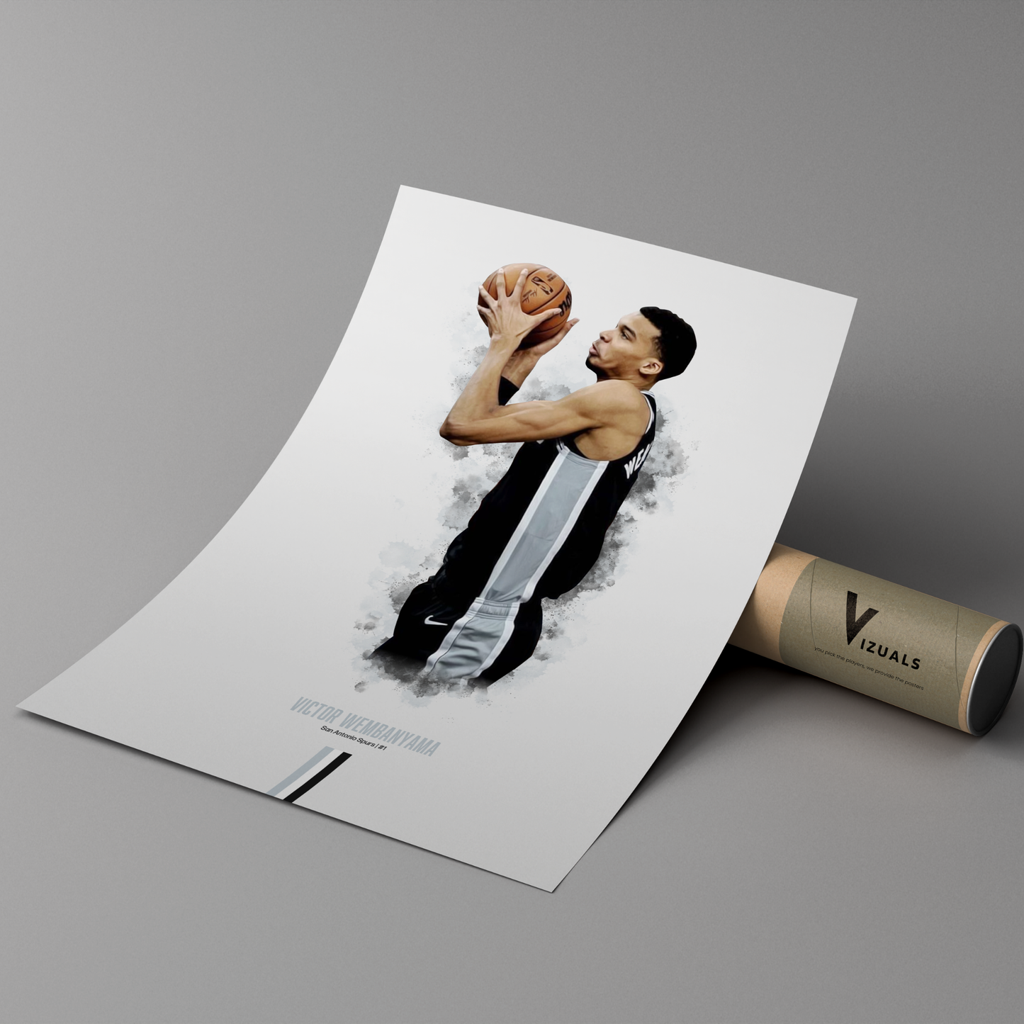 poster mockup of basketball player victor wembanyama leaning on a cardboard tube