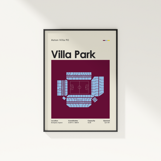Framed poster of Villa Park stadium layout with Aston Villa FC branding on a white wall.