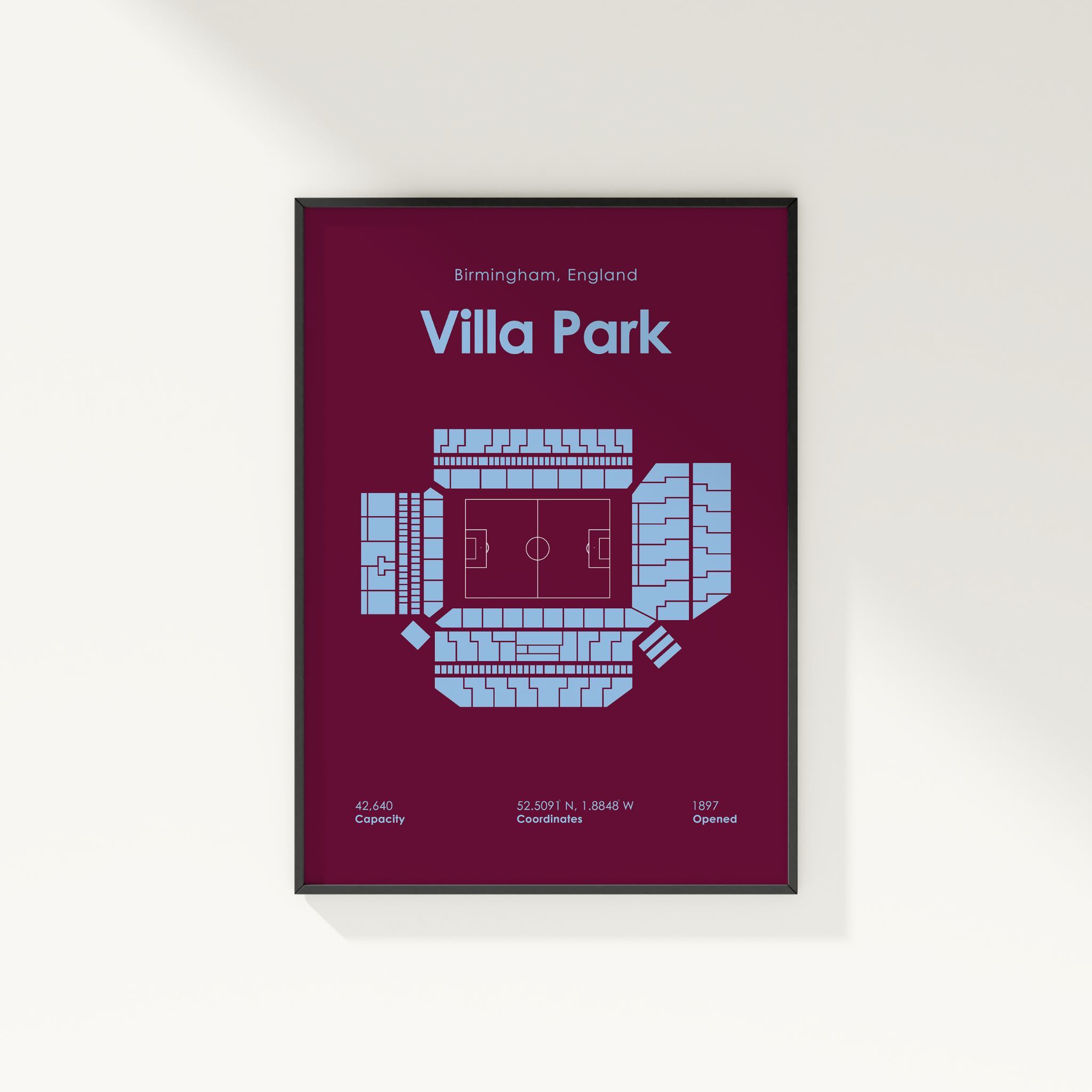 Framed poster of Villa Park stadium layout on a purple background