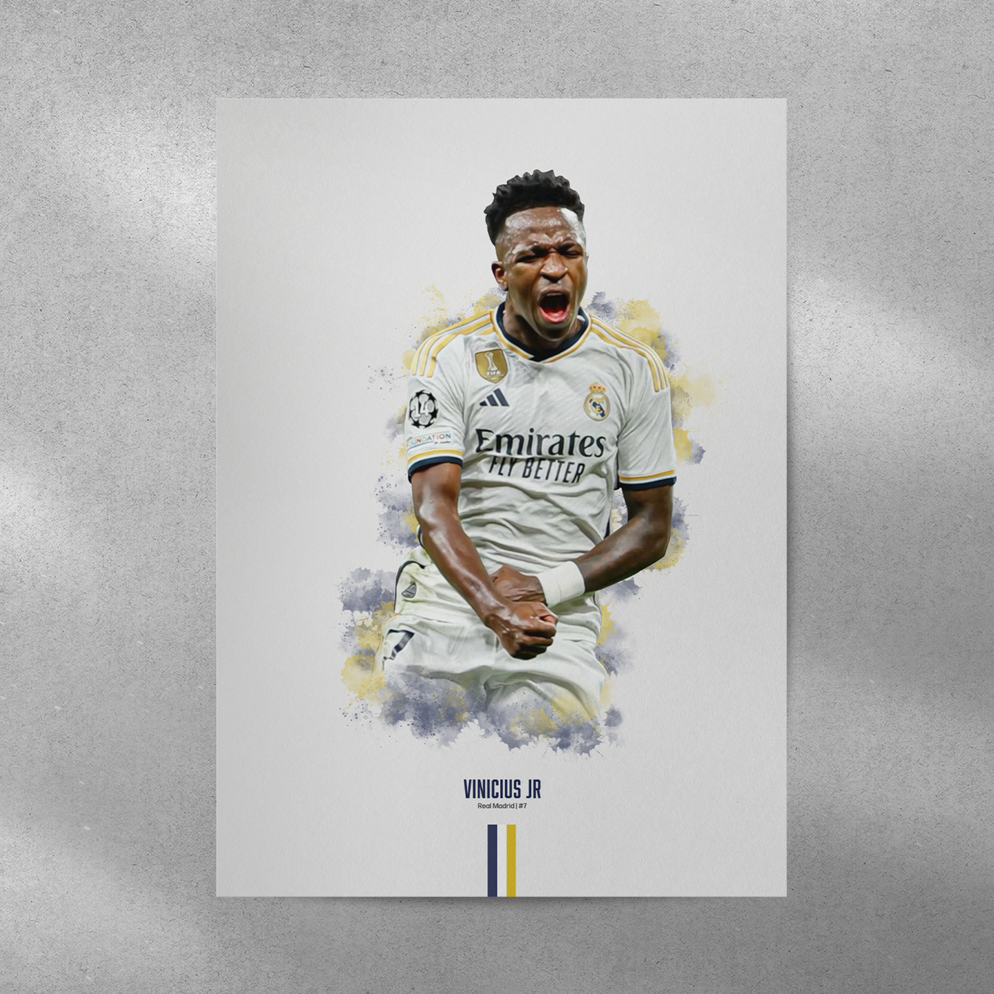 poster mockup of soccer player vinicius jr on a grey wall