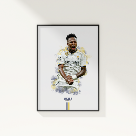 framed poster mockup of soccer player vinicius jr hanging on a white wall