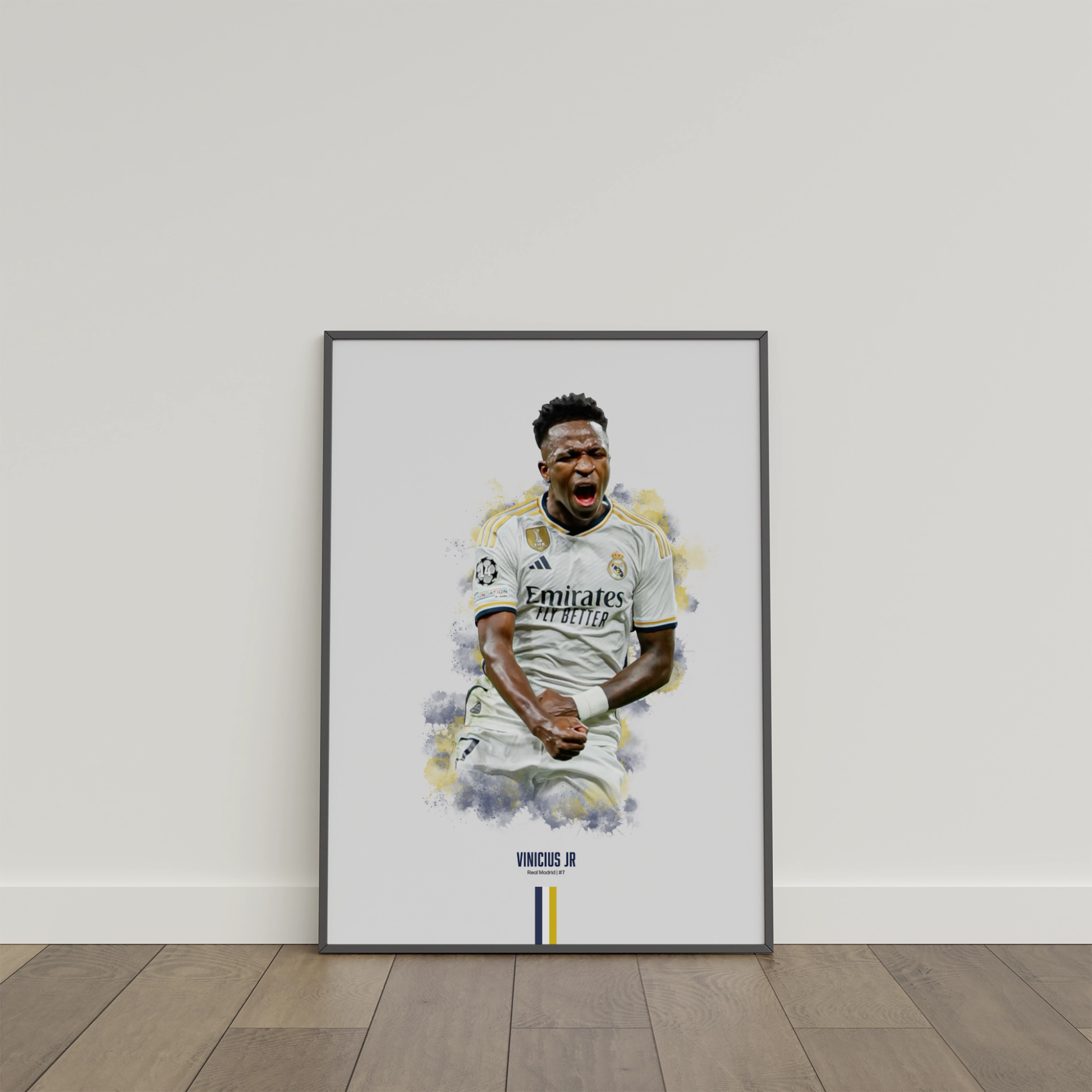 framed poster mockup of soccer player vinicius jr leaning on a white wall