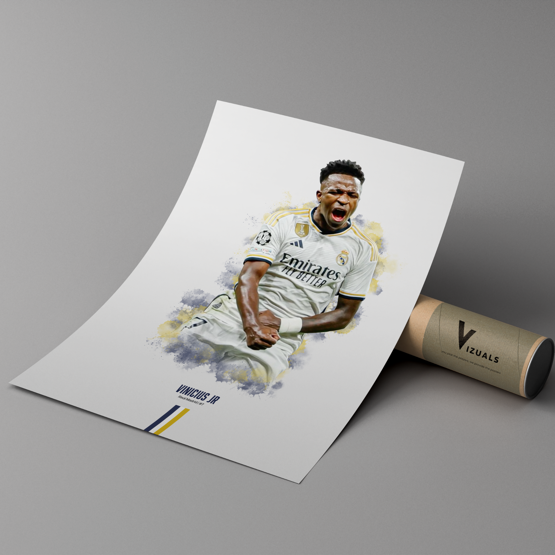 poster mockup of soccer player vinicius jr leaning on a cardboard tube