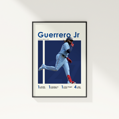 framed poster mockup of baseball player vladimir guerrero jr hanging on a white wall