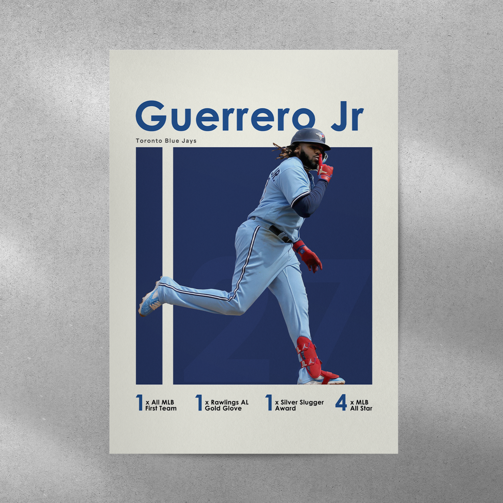 poster mockup of baseball player vladimir guerrero jr on a grey wall