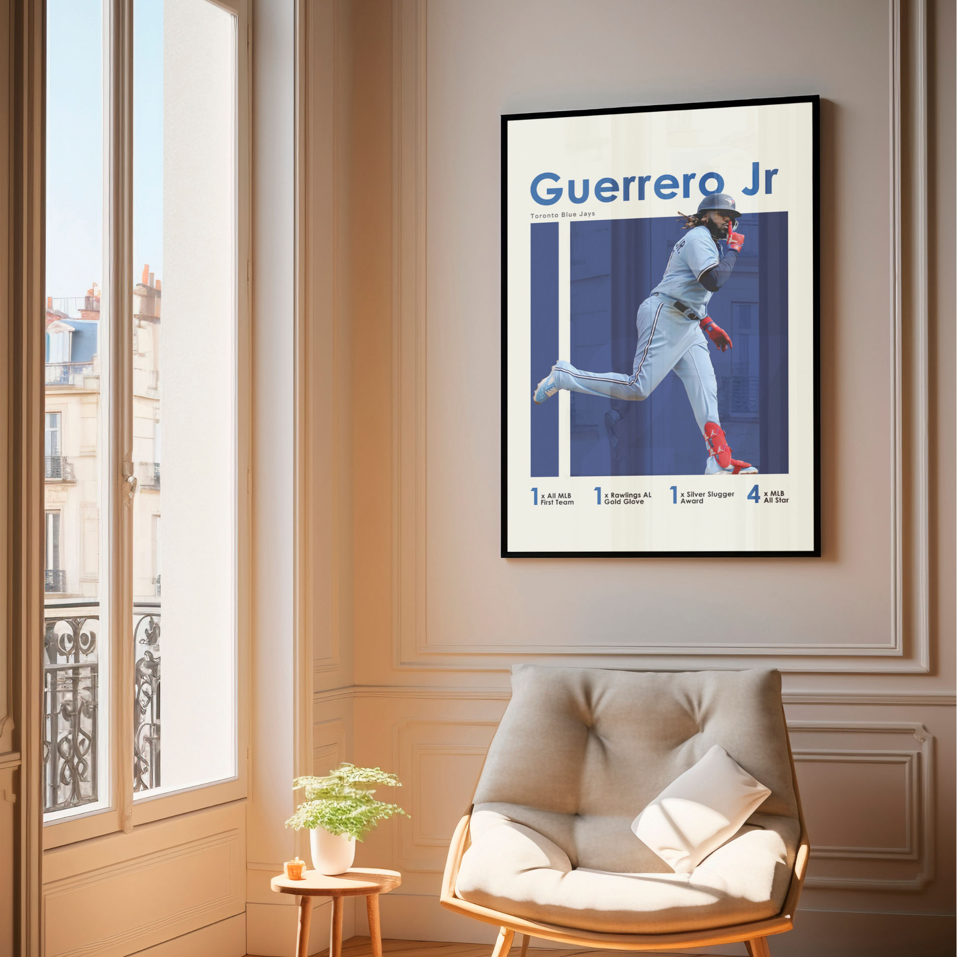 framed poster mockup of baseball player vladimir guerrero jr hanging in a living room