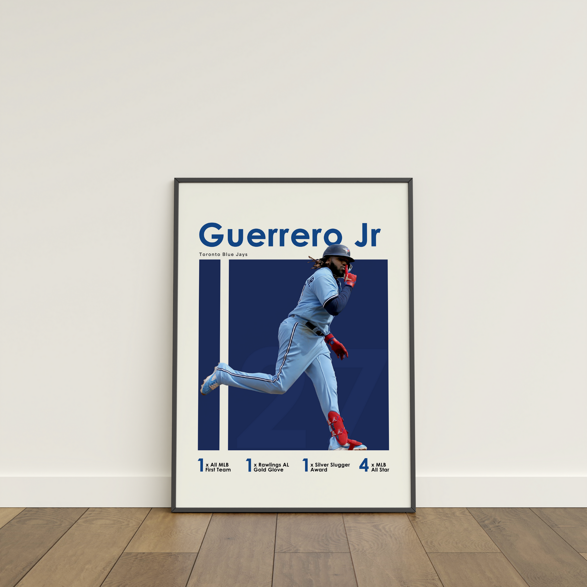 framed poster mockup of baseball player vladimir guerrero jr leaning on a white wall