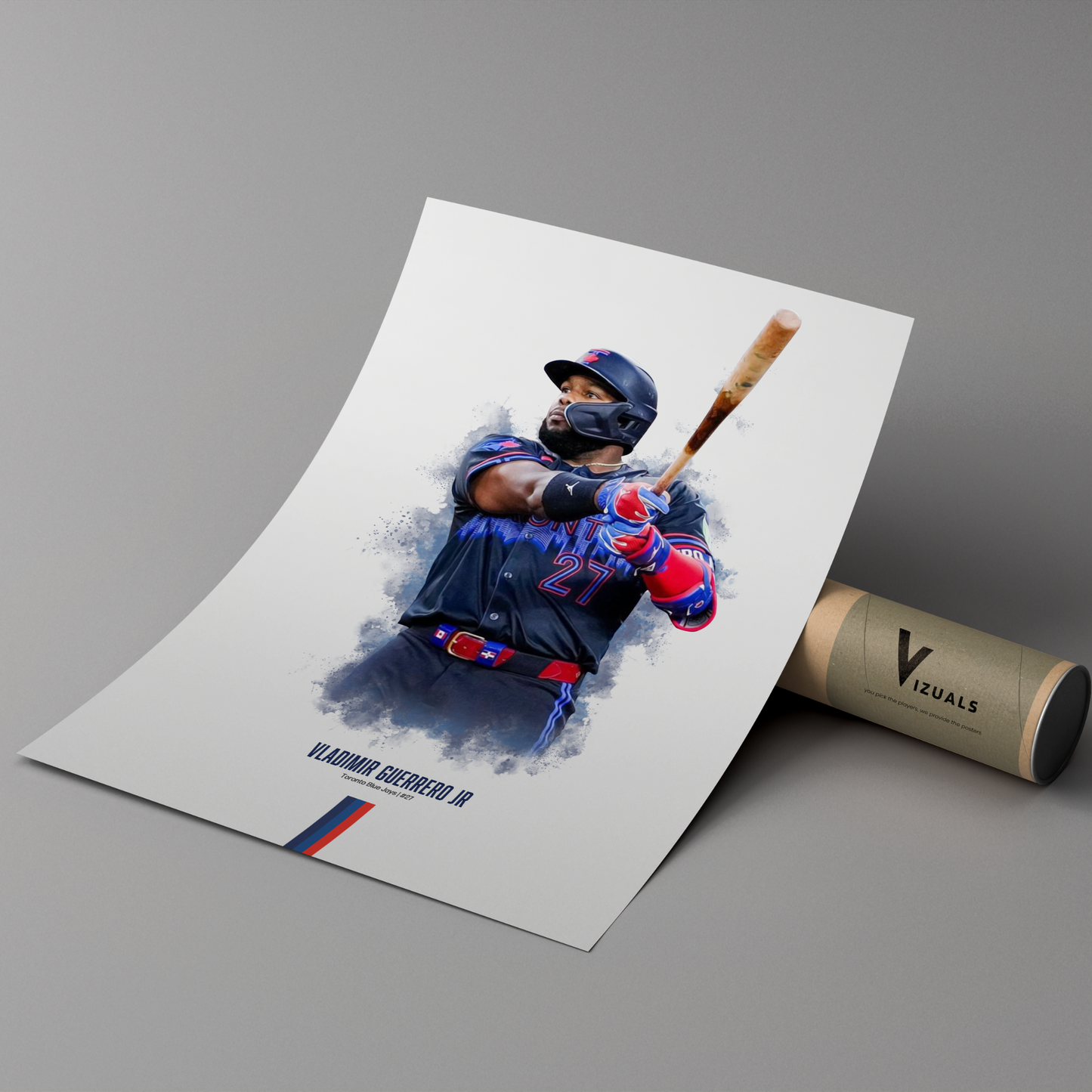 poster mockup of baseball player vladimir guerrero jr leaning on a cardboard tube