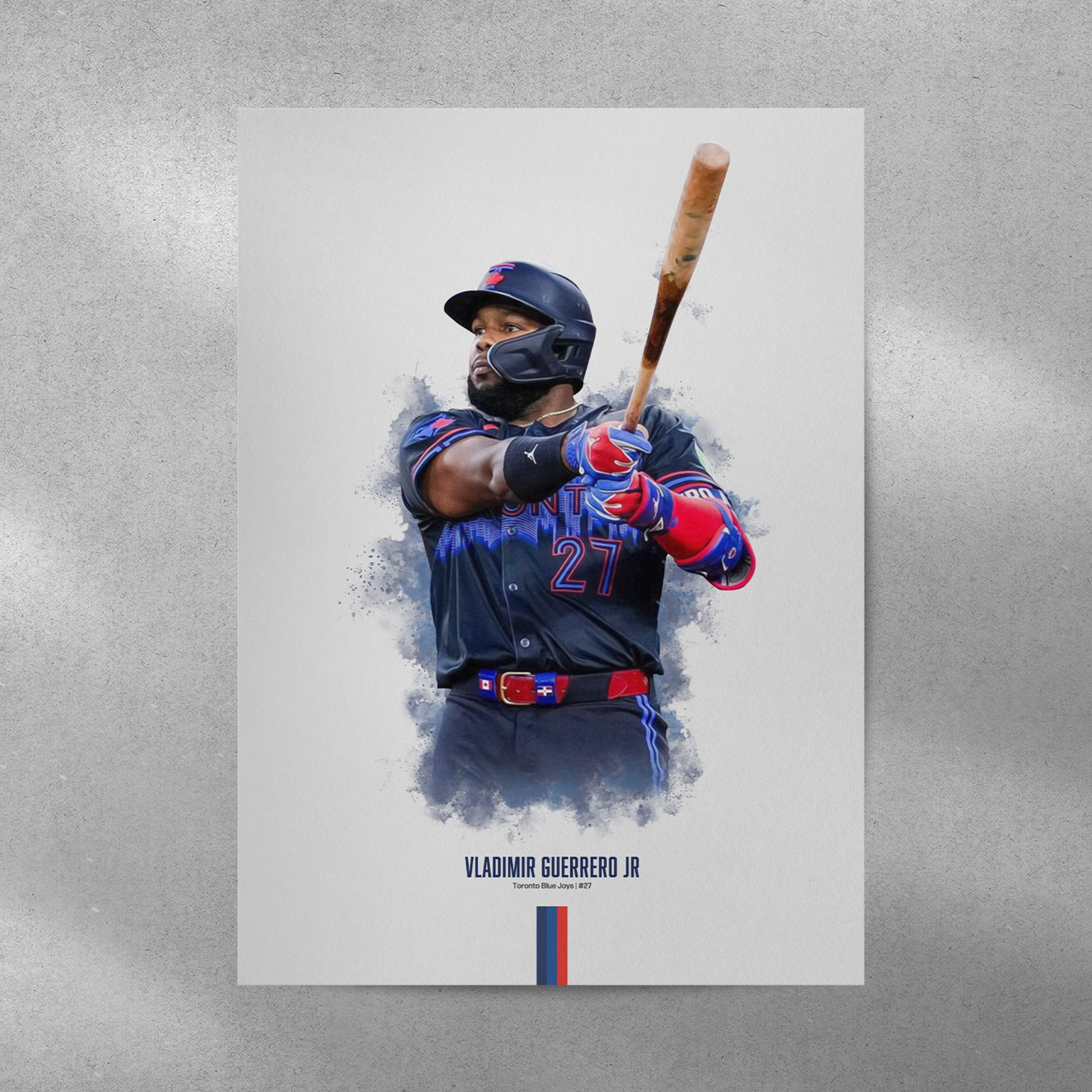 poster mockup of baseball player vladimir guerrero jr on a grey wall