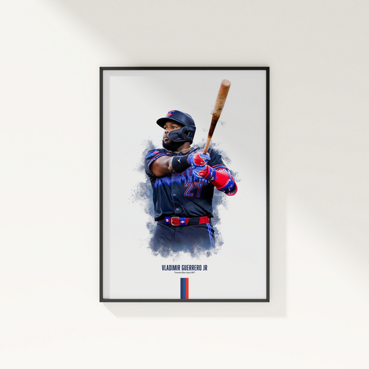 framed poster mockup of baseball player vladimir guerrero jr hanging on a white wall