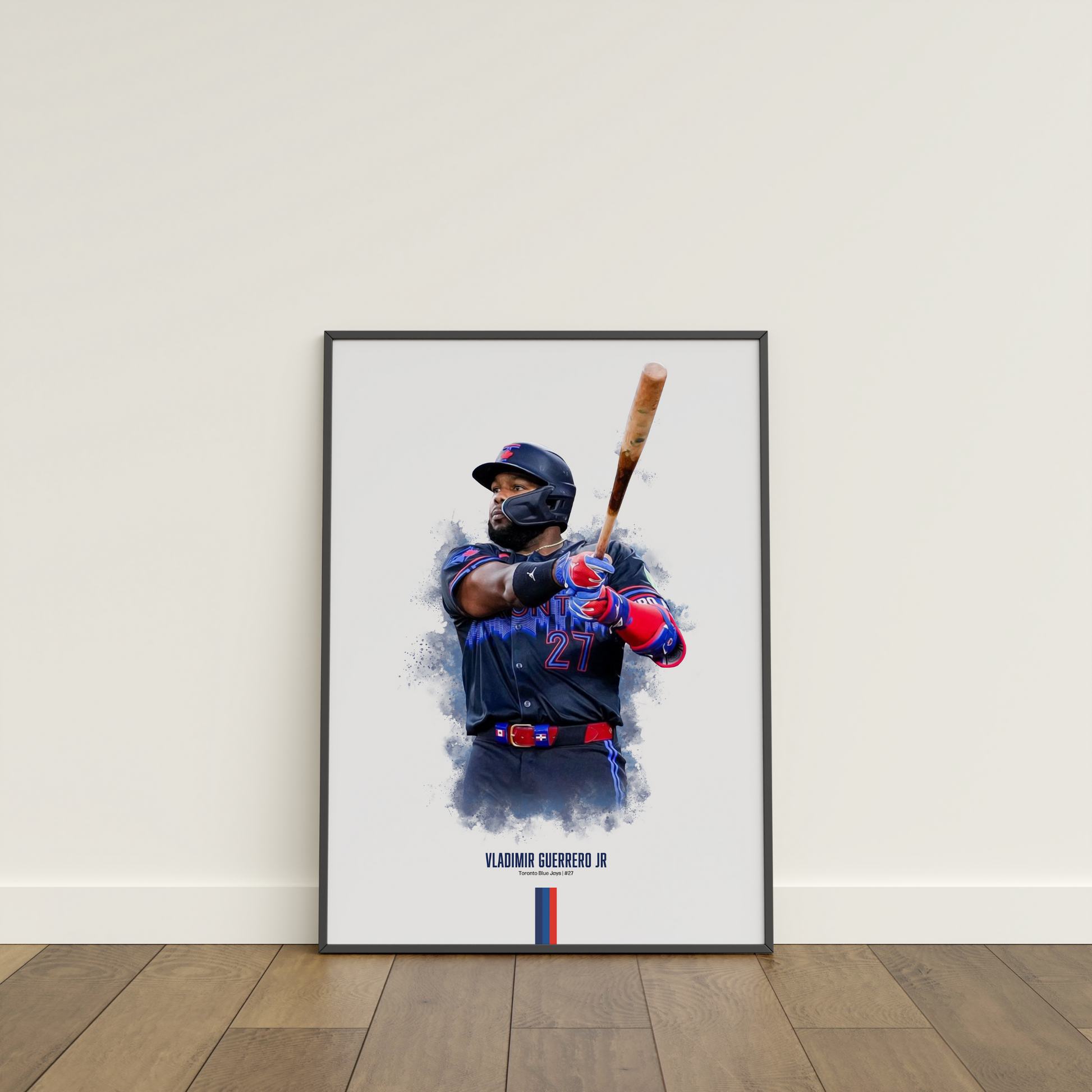 framed poster mockup of baseball player vladimir guerrero jr leaning on a white wall