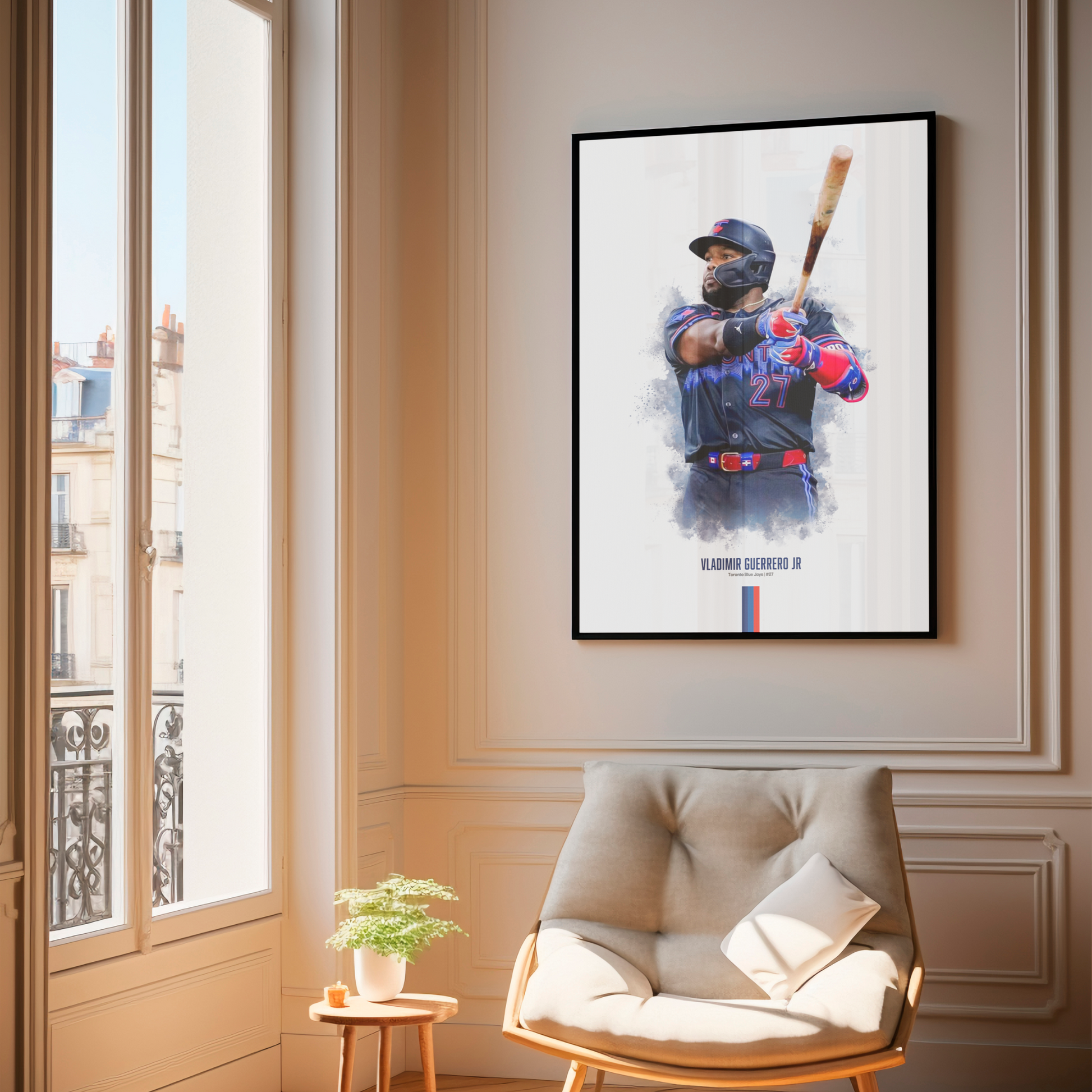 framed poster mockup of baseball player vladimir guerrero jr hanging in a living room