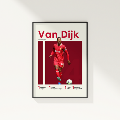 framed poster mockup of soccer player virgil van dijk hanging on a white wall