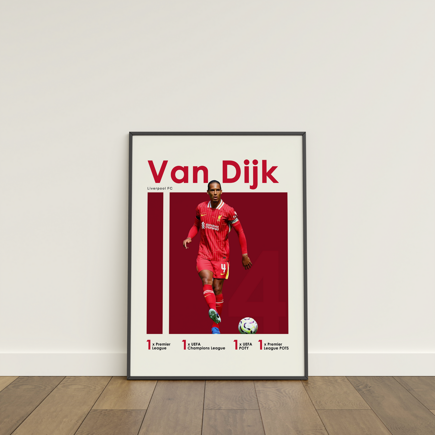 framed poster mockup of soccer player virgil van dijk leaning on a white wall