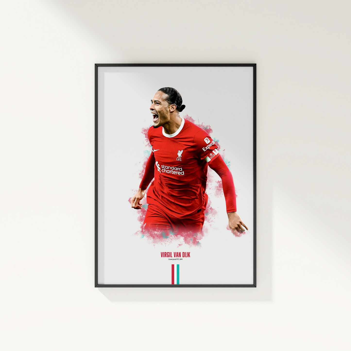 framed poster mockup of soccer player virgil van dijk hanging on a white wall