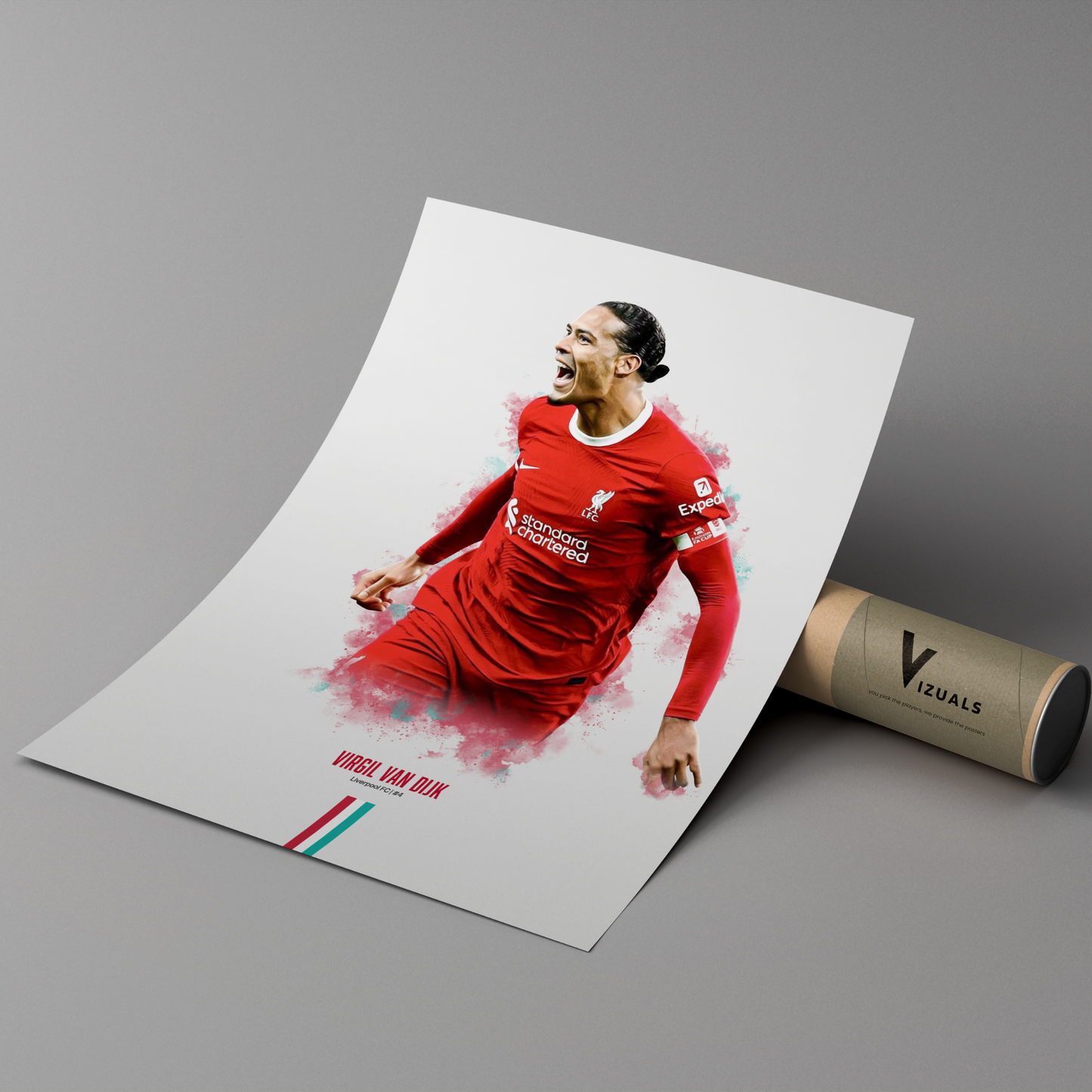 poster mockup of soccer player virgil van dijk leaning on a cardboard tube