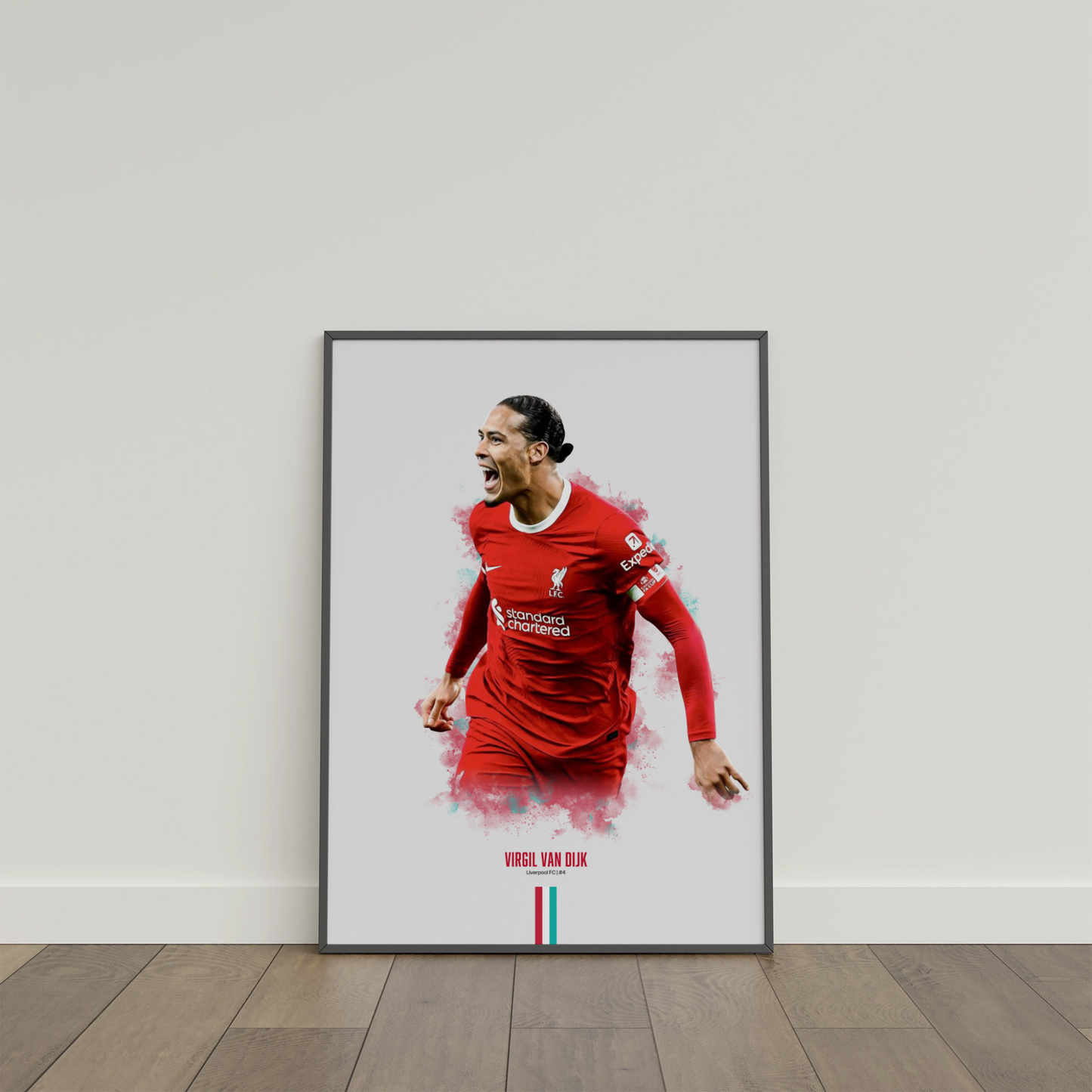 framed poster mockup of soccer player virgil van dijk leaning on a white wall