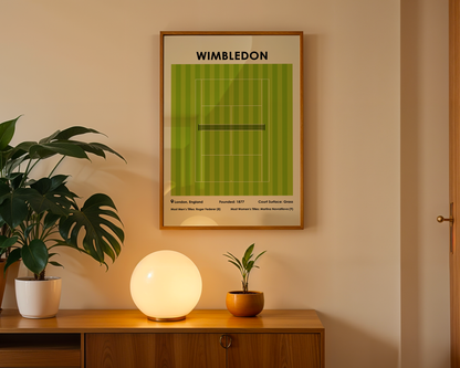 Framed Wimbledon poster on a wall above a wooden cabinet with decorative items.