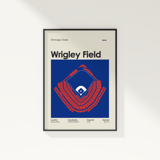 Framed poster of Wrigley Field with Chicago Cubs logo on a white wall