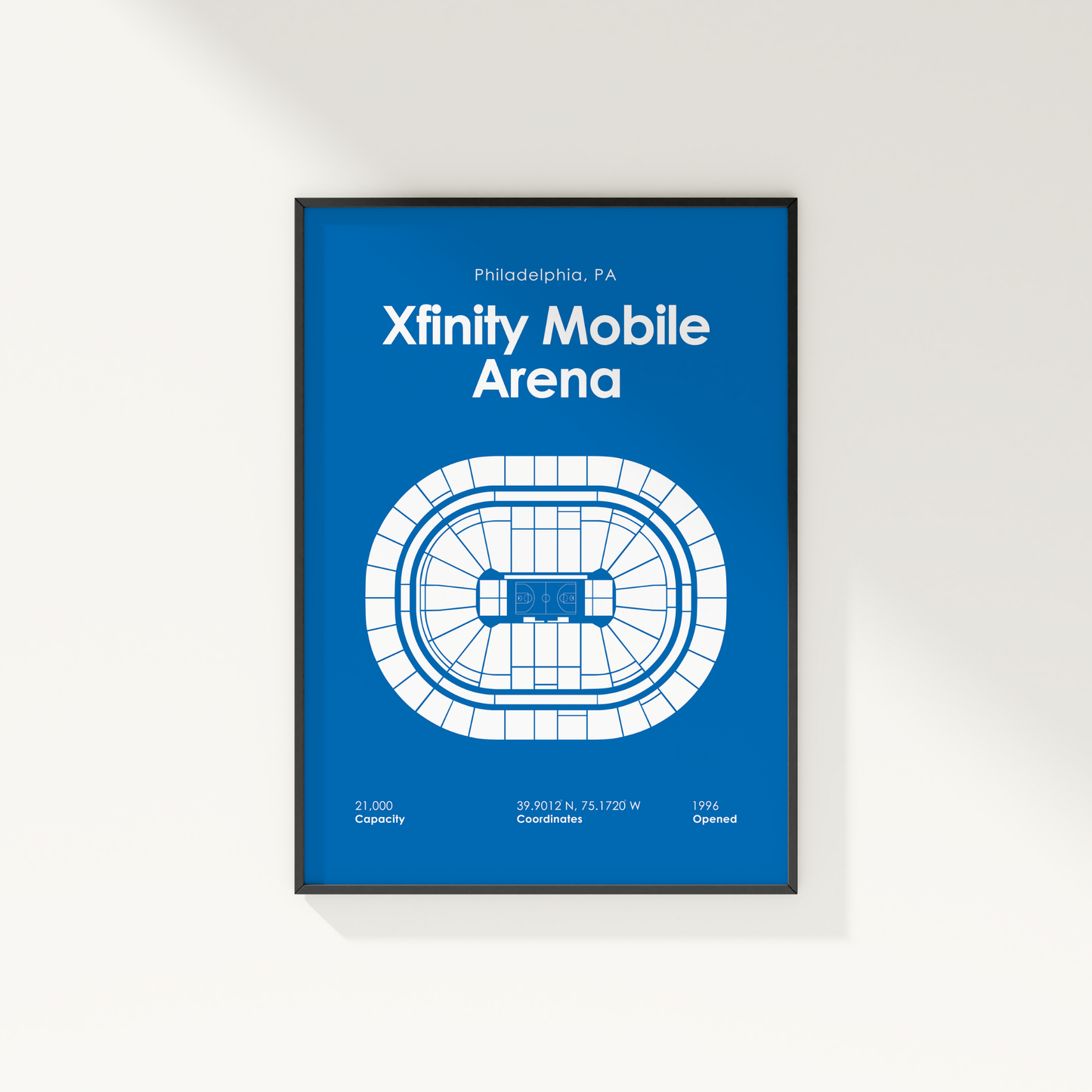 Framed poster of Xfinity Mobile Arena layout on a blue background