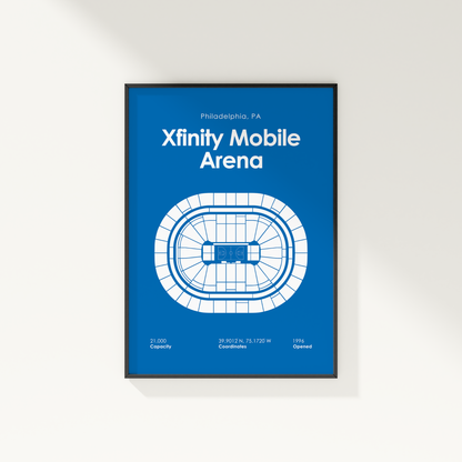 Framed poster of Xfinity Mobile Arena layout on a blue background