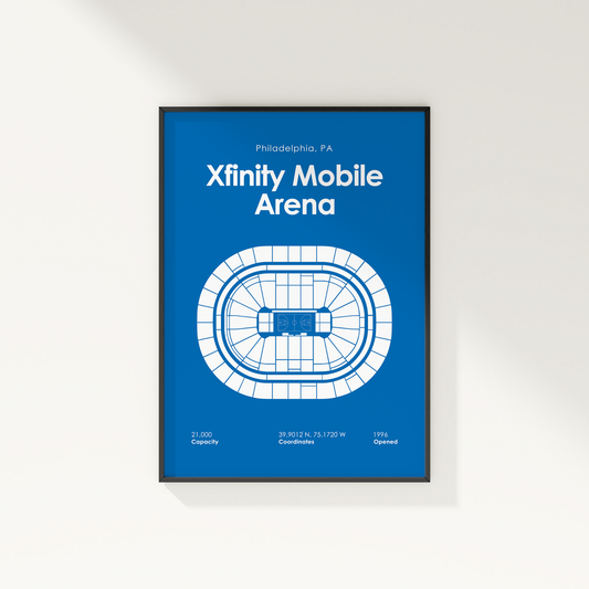 Framed poster of Xfinity Mobile Arena layout on a blue background