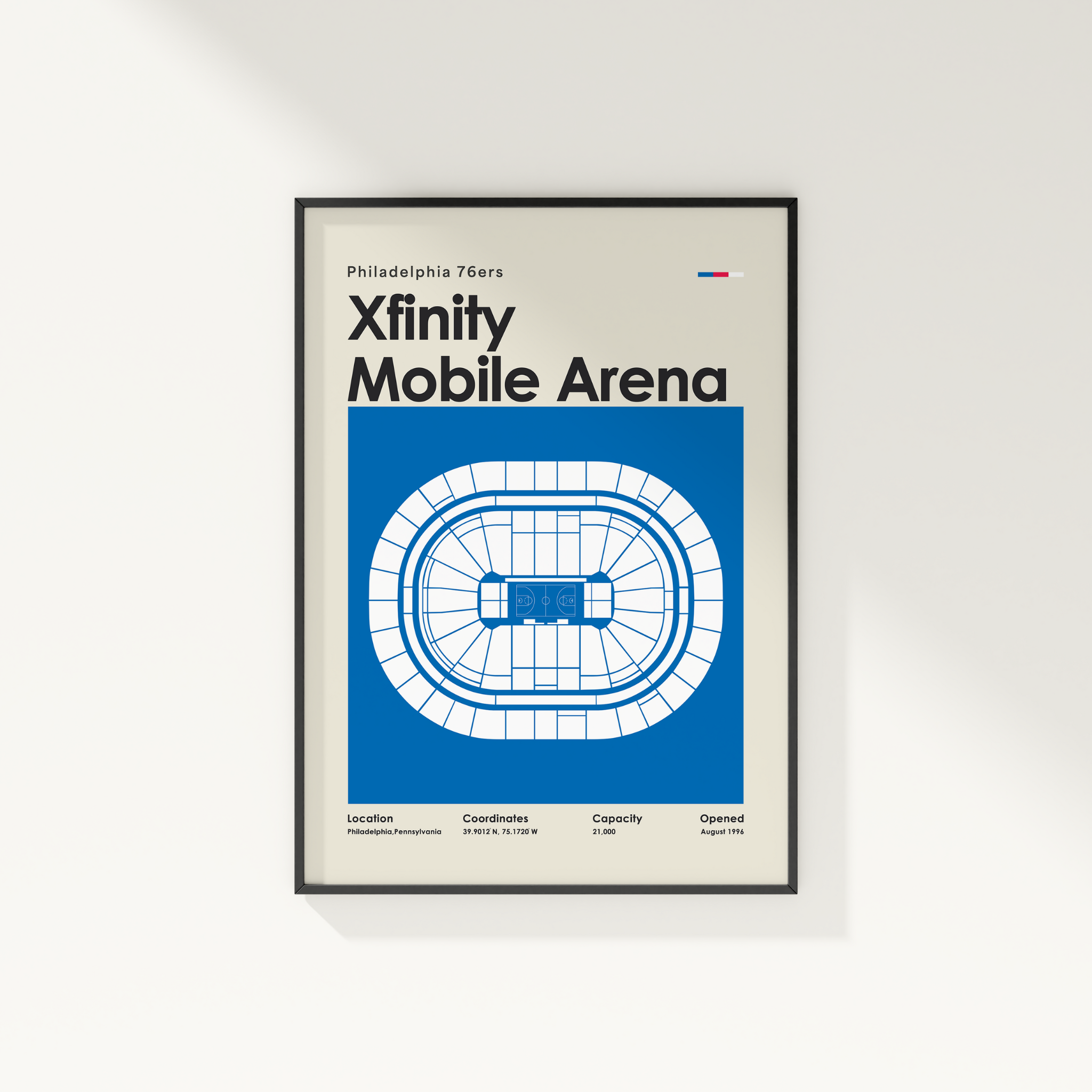 Framed poster of Xfinity Mobile Arena with Philadelphia 76ers branding on a white wall.