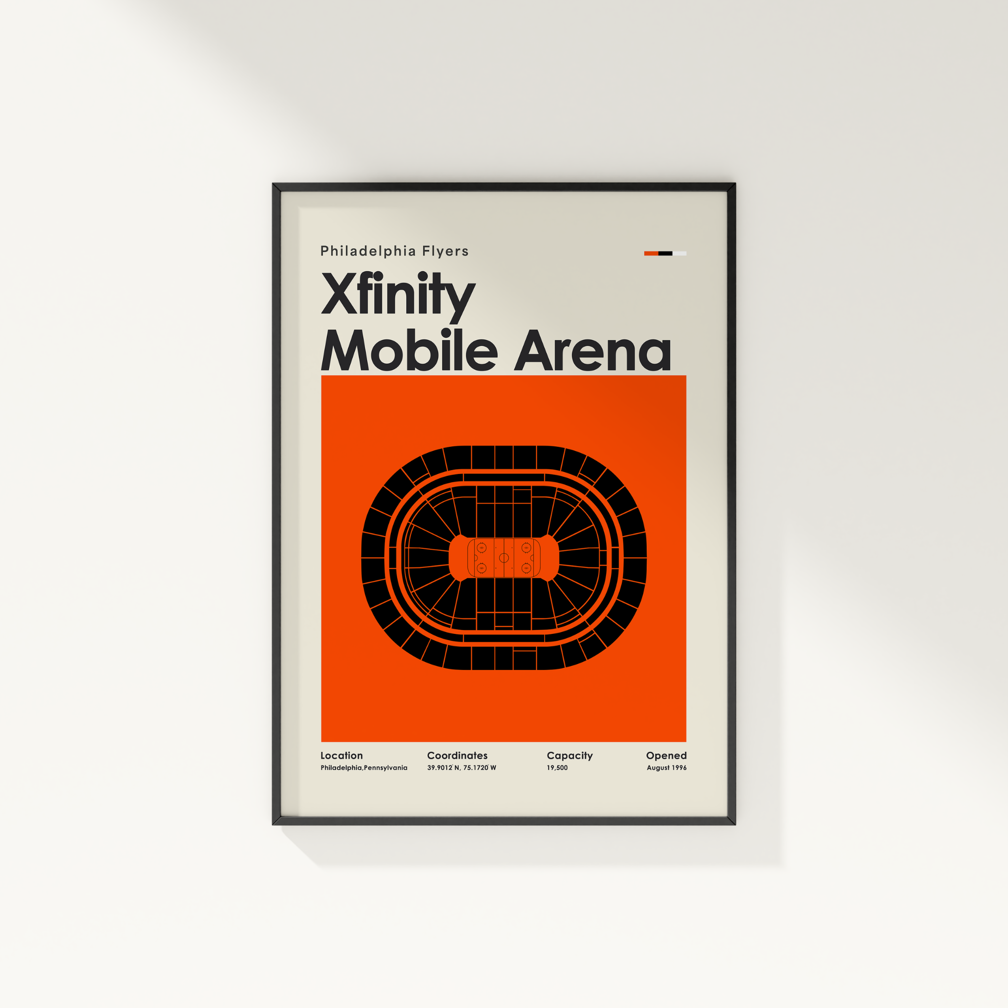 Framed poster of Xfinity Mobile Arena with Philadelphia Flyers text on a white background
