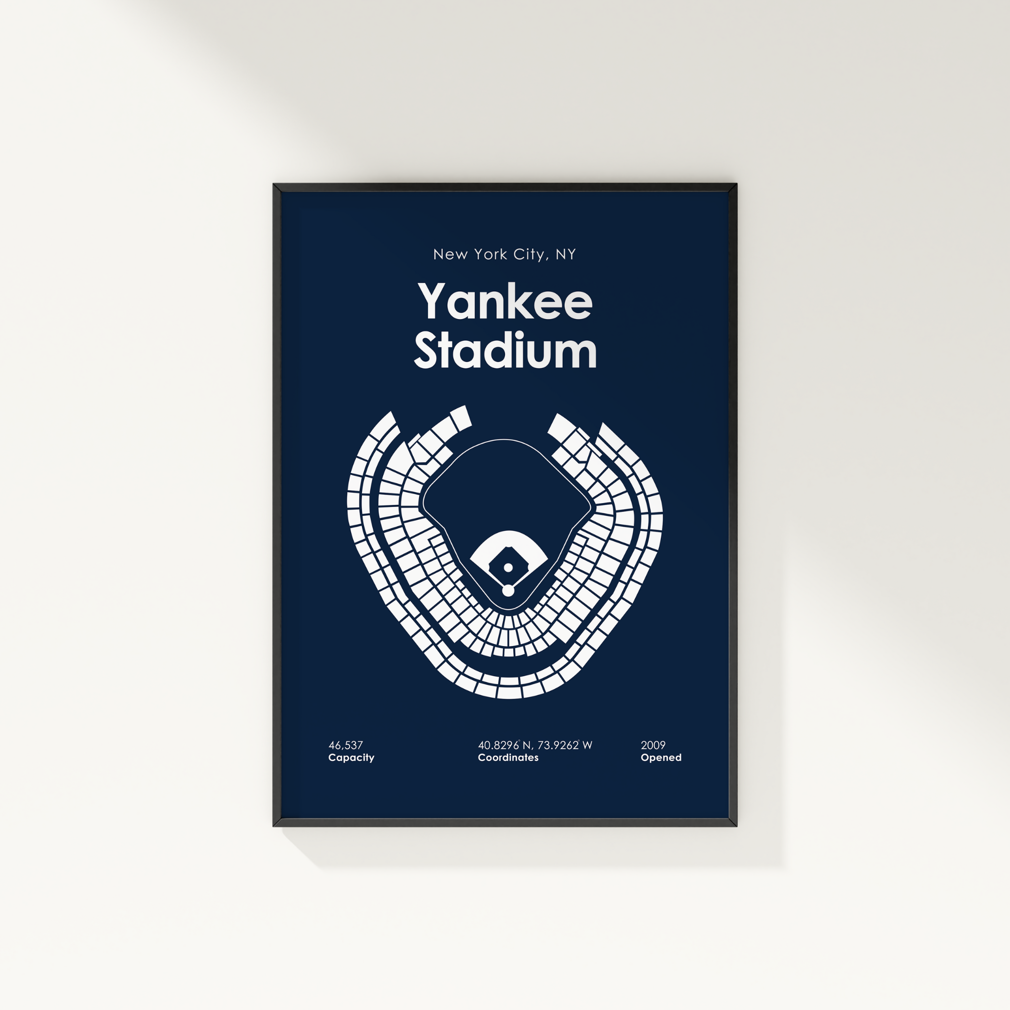 Framed poster of Yankee Stadium layout with coordinates on a white background